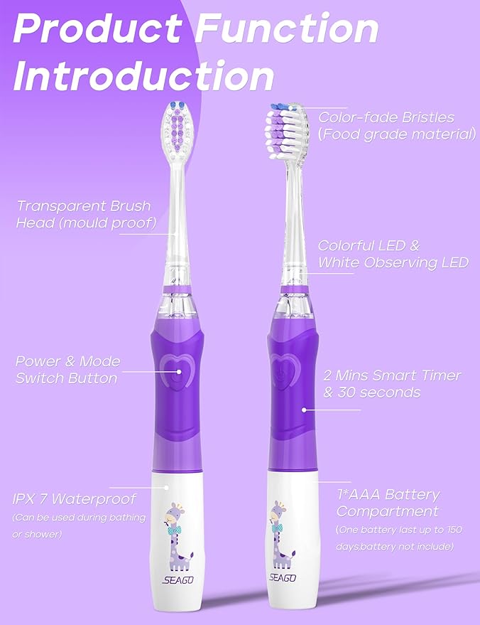 SEAGO Kids Electric Toothbrush with 2 Mins Brushing Timer and 4 Replacement Bursh Heads,Rainbow LED Light Make Brushing Fun, Purple Color Girls Battery Powerd Toothbrush for 4-12 Years Old，SG-977
