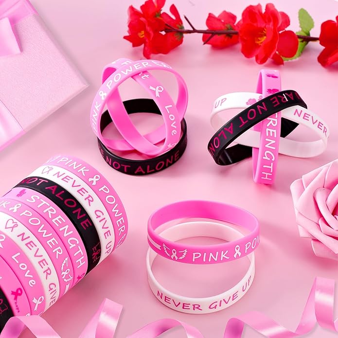 Pink Ribbon Breast Cancer Bracelets - 30 PCS Rubber Bracelet Party Favors Supplies Inspiring Silicone Wristbands with Hope Strength Breast Cancer Awareness Accessories Survivor Gifts for Women Girls
