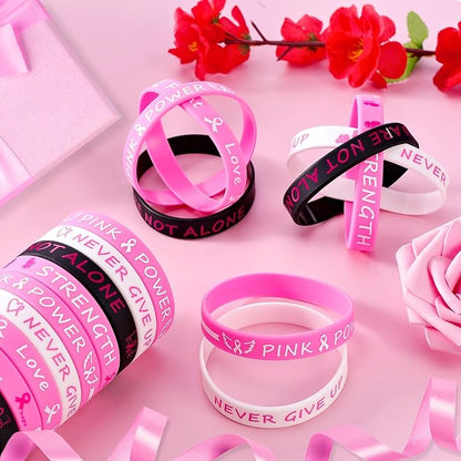 Pink Ribbon Breast Cancer Bracelets - 30 PCS Rubber Bracelet Party Favors Supplies Inspiring Silicone Wristbands with Hope Strength Breast Cancer Awareness Accessories Survivor Gifts for Women Girls