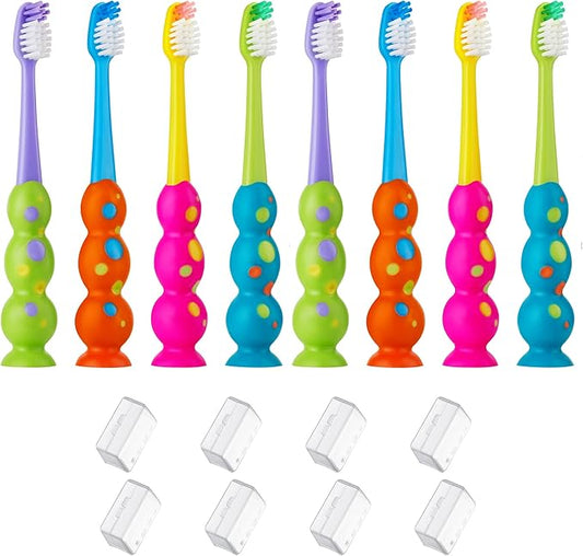 Trueocity Kids Toothbrush 8 Pack - Soft Contoured Bristles - Child Sized Brush Heads (3-10 Year Old) - Suction Cup for Fun & Easy Storage - Girl & Boy Set (8-Pack, Multi-Color)