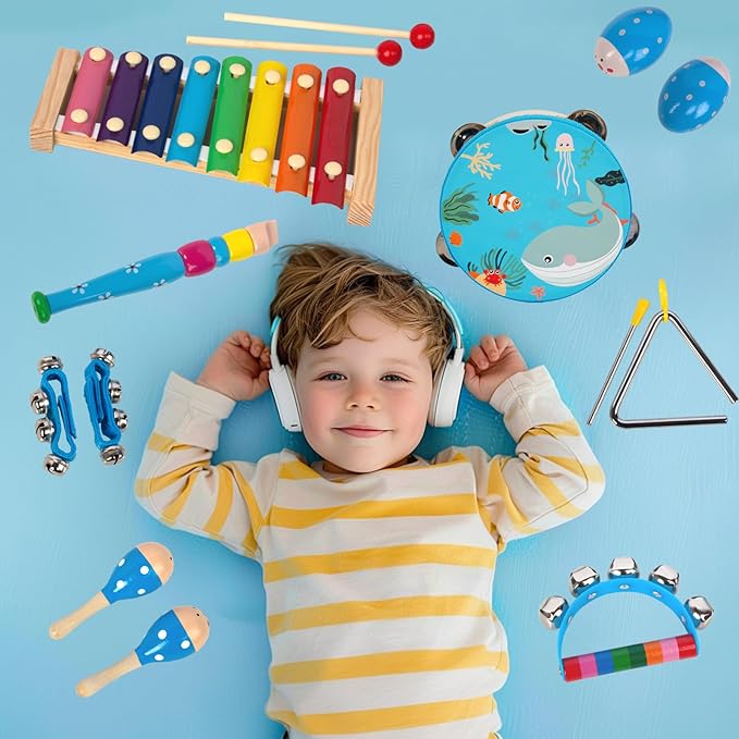 Wooden Musical Instruments Set for Toddlers 1-3, Natural Wood Percussion Instruments Xylophone Gift Set for Girls Boys Kids ,Preschool Educational Musical Toys with Storage Bag
