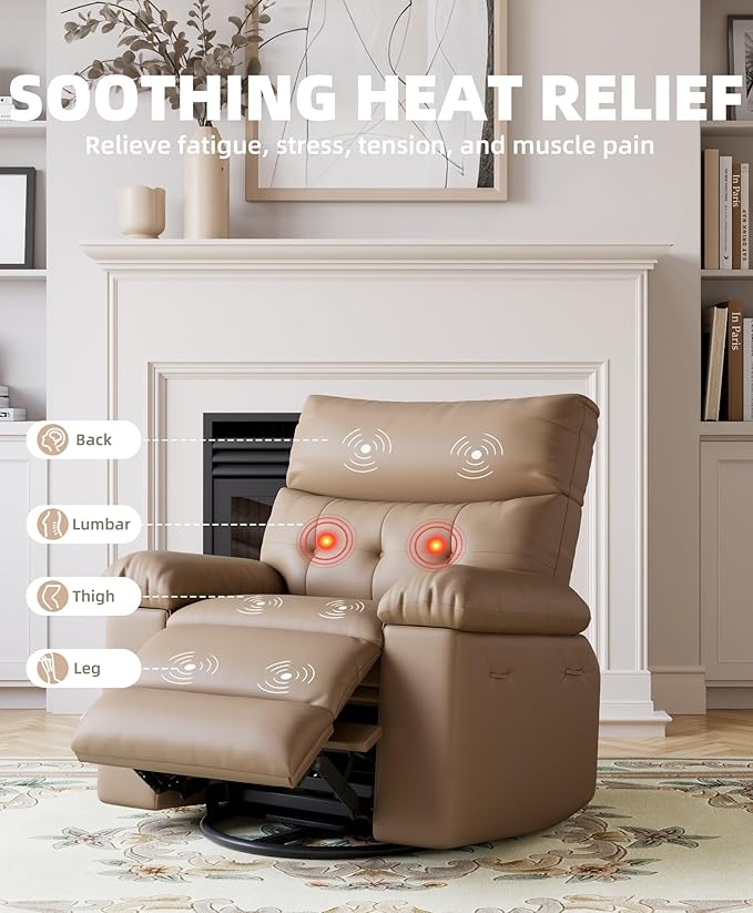 Electric Recliner Chair - 360° Rocker Swivel Recliner with Heat and Massage, PU Leather Large Power Recliner for Adults, Comfortable Lazy Chair with 1.5X Sponge Filling for Living Room, Tan