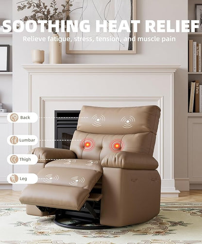 Electric Recliner Chair - 360° Rocker Swivel Recliner with Heat and Massage, PU Leather Large Power Recliner for Adults, Comfortable Lazy Chair with 1.5X Sponge Filling for Living Room, Tan