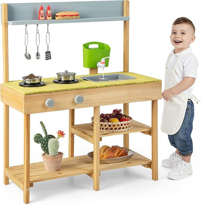 HONEY JOY Mud Kitchen, Fir Wooden Play Kitchen for Toddlers, Mud Table, Running Water, Removable Sink, Outdoor Kids Kitchen Playset, Mud Kitchen for Kids Outdoor, Gift for Boys Girls