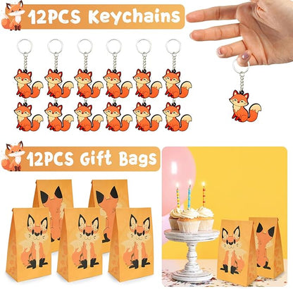110Pcs Fox Birthday Decorations Fox Party Favors with Slap Bracelets Keychain Temporary Tattoo Stickers Badges Gift Bags for Kids Woodland Baby Shower Jungle Safari Party Supplies