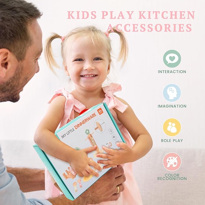 Wooden Play Kitchen Accessories Toys for Toddlers 3+, 22 PCS Kids Play Kitchen with Cute Cutlery Rack&Dish Rack,Play Dishes for Kids Kitchen,Montessori Pretend Birthday Gifts for Girls Boys