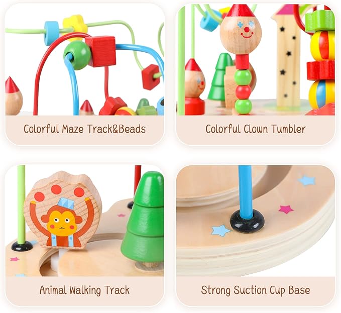 Joqutoys First Bead Maze Toy for Toddlers 1-3(Large), Wooden Colorful Circus Roller Coaster Circle Toys for Babies - Bead Maze Activity Cube Educational Toys First Birthday Gifts for Boys Girls