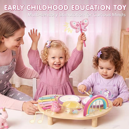 Lehoo Castle Toddler Drum Set, Unicorn Montessori Music Toys with Xylophone, 7 in 1 Wooden Musical Instruments for Toddlers 1-3, Baby Drum Set Educational Birthday Gift for 12-18 Months Girl