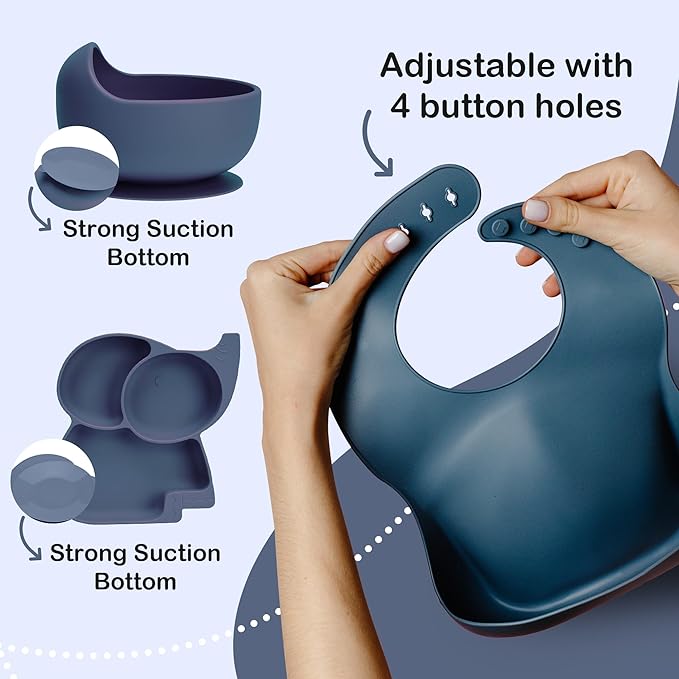 Complete Silicone Baby Feeding Set - 6+ Months Food Grade Baby Feeding Essentials | Silicone Bibs, Baby Bowls and Plates, 3 in 1 Baby Sippy Cup, Spoons and Fork Set | Free of BPA/PVC/Lead/Phthalate