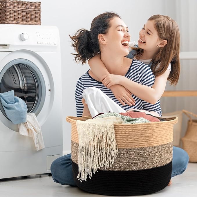 Maliton Large Woven Blanket Basket, 22" X 22" X 14" Storage Baskets for Organizing, Round Cotton Rope Toy Basket for Living Room, Bedroom- Rope Laundry Hamper with Handles - Nursery Bin