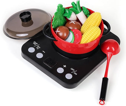 Pretend Play Kitchen Toy Including Janpanese Style Sukiyaki Hot Pot with Electronic Function, Grill Rack, Cooking Utensils, Cut Play Food and Toy Cutlery, Cooking Learning Gift for Girls and Boys