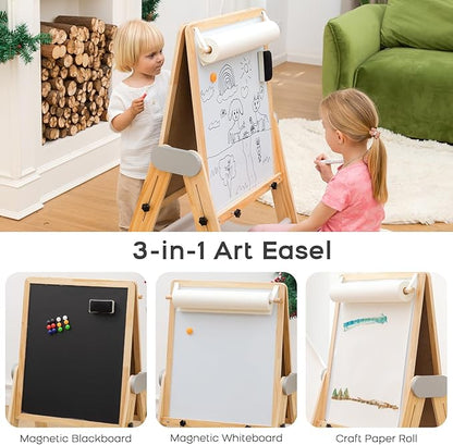 BanaSuper Kids Art Easel - Double-Sided Foldable Wooden Art Easel with Magnetic Chalkboard and Whiteboard, Portable Art Station with Paper Roll Holder for Creative Play