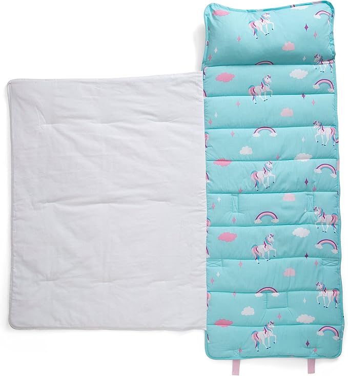 Delta Children Nap Mat - Includes Pillow & Blanket for Toddlers and Kids; Features Carry Handle w/Strap Closure and Name Tag; Rollup Design is Ideal for Preschool and Daycare; Personalization Optional