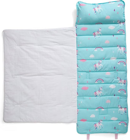 Delta Children Nap Mat - Includes Pillow & Blanket for Toddlers and Kids; Features Carry Handle w/Strap Closure and Name Tag; Rollup Design is Ideal for Preschool and Daycare; Personalization Optional