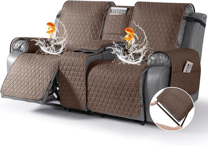 TAOCOCO 100% Waterproof Recliner Cover -Loveseat Recliner Cover with Center Console,Non-Slip Reclining Couch Covers for 2 Seat,with Elastic Straps Pocket for Kids, Dogs, Pets (Brown, 2 Seater XL)