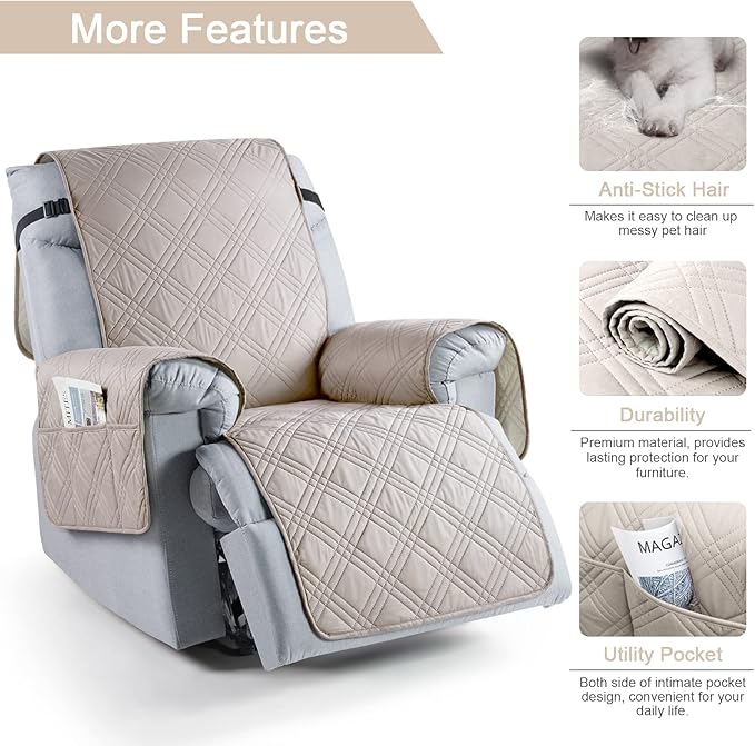 TAOCOCO 100% Waterproof Recliner Chair Cover, Non Slip Recliner Covers for Recliner Chair with Pocket, Washable Reclining Chair Cover Furniture Protector for Kids, Pets(Recliner Chair, Cream)