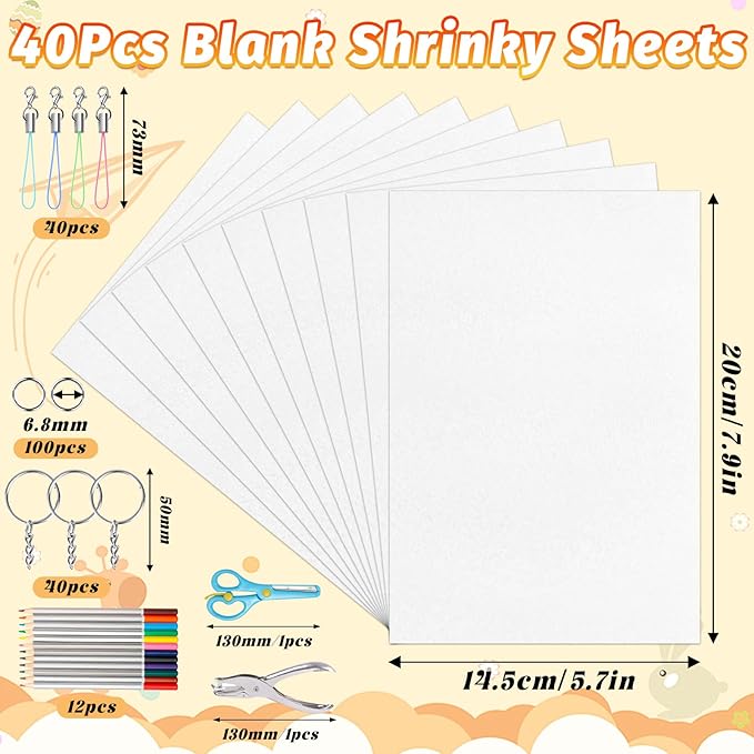 Gushu 235 Pcs Shrinky Plastic Sheets Keychain Kit, 40 Pcs Shrinky Paper Sheets, Hole Punch, Pencils, Keychains, Accessories for DIY Crafts, Creative Handprint Art for Teens & Adults