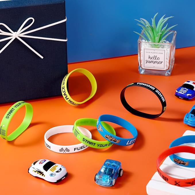 Race Cars Party Favors, Race Car Birthday Party Supplies Race Car Party Decorations Flag Rubber Bracelets Silicone Wristband for Fitness Racing Dirt Bike Task Birthday Party(48 Pack)