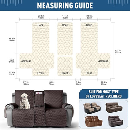TAOCOCO 100% Waterproof Recliner Cover -Loveseat Recliner Cover with Center Console,Non-Slip Reclining Couch Covers for 2 Seat,with Elastic Straps Pocket for Kids, Dogs(Chocolate, 2 Seater XL)