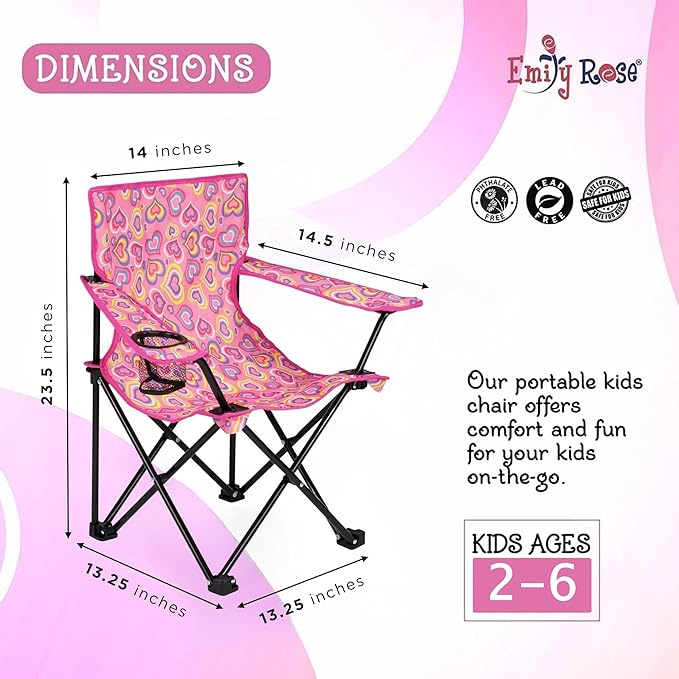 Emily Rose Kids Folding Chair | Beach Chair with Safety Lock- Camping Chair for Boyos Girls Toddler with Cup Holder & Carry Case- Tailgate, Travel, Lawn- for Indoor & Outdoor (Playful Hearts)