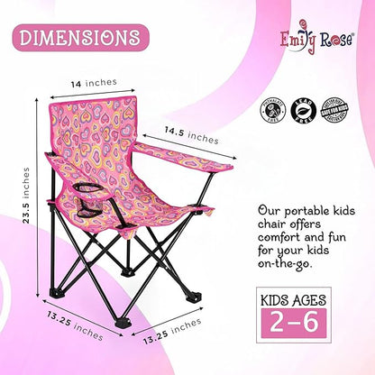 Emily Rose Kids Folding Chair | Beach Chair with Safety Lock- Camping Chair for Boyos Girls Toddler with Cup Holder & Carry Case- Tailgate, Travel, Lawn- for Indoor & Outdoor (Playful Hearts)