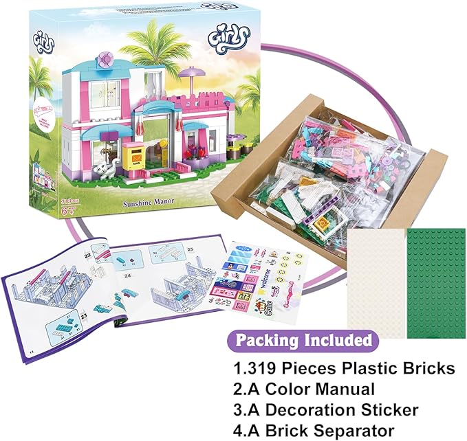 BRICK STORY Dream Girls Friends House Building Sets Beach House for Girls 319 PCS Seaside Villa with Swing Sun Lounger Building Kit Play Set Toys for Kids Aged 6-12
