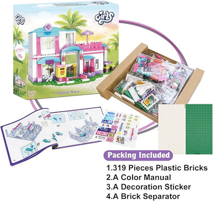 BRICK STORY Dream Girls Friends House Building Sets Beach House for Girls 319 PCS Seaside Villa with Swing Sun Lounger Building Kit Play Set Toys for Kids Aged 6-12
