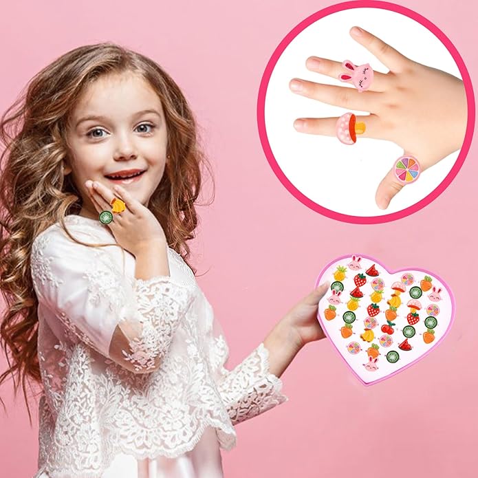 Little Girl Jewel Rings, Adjustable Pink Rings Girls Kids Pretend Play and Dress up Jewelry Set, Cute Rings with Display Case Party Favors Toys Gifts