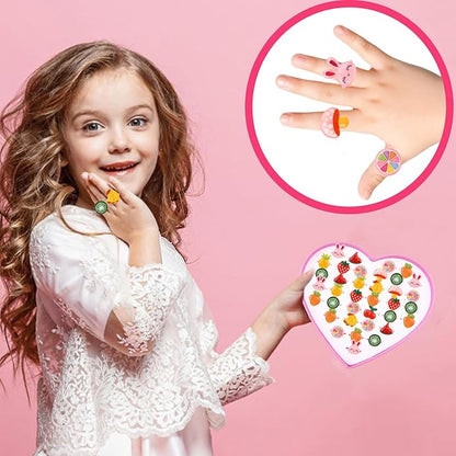 Little Girl Jewel Rings, Adjustable Pink Rings Girls Kids Pretend Play and Dress up Jewelry Set, Cute Rings with Display Case Party Favors Toys Gifts