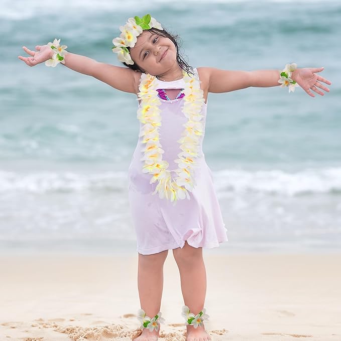 HOBBY HORSE 12 Pieces Hawaiian Luau Flower Leis Halloween Decor Leis White Necklaces Bracelets Headband Anklets Set Tropical Party Favor for Halloween Cosplay Beach Wedding Birthday Party Supplies