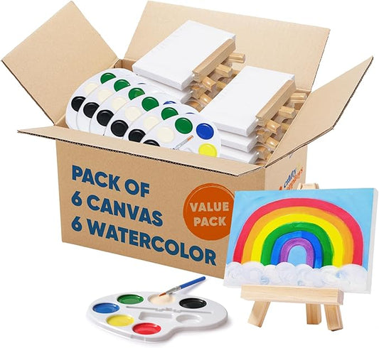 Set of 6 Mini Canvases 4x6 & Easel Set with Watercolors Paint - Party Favors for Kids 3 to 5 - Goody Bag Stuffers - Return Gifts for Kids Birthday - Small Canvases for Painting
