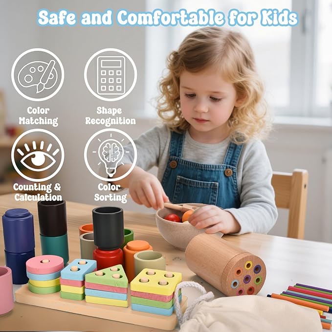 Montessori Toys for 1-3 Year,3 in 1 Wooden Learning Fine Motor Skills Toys Rainbow Color Sorting Toy for Toddlers - Preschool Color Matching, Educational Color Recognition ShapeSorter Boys Girls Gifts