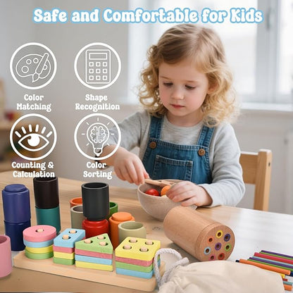 Montessori Toys for 1-3 Year,3 in 1 Wooden Learning Fine Motor Skills Toys Rainbow Color Sorting Toy for Toddlers - Preschool Color Matching, Educational Color Recognition ShapeSorter Boys Girls Gifts
