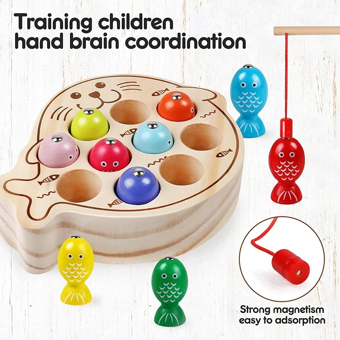 Wooden Magnetic Fishing Game for Kids 3+,Montessori Preschool Educational Activities Learning Hand-Eye Coordination Fine Motor Skills Color Sorting Magnet Fish Toys for Boys Girls