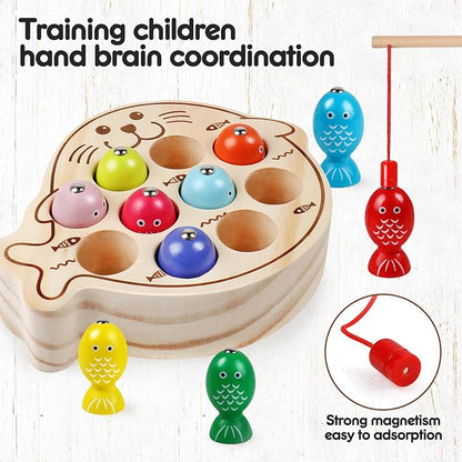Wooden Magnetic Fishing Game for Kids 3+,Montessori Preschool Educational Activities Learning Hand-Eye Coordination Fine Motor Skills Color Sorting Magnet Fish Toys for Boys Girls