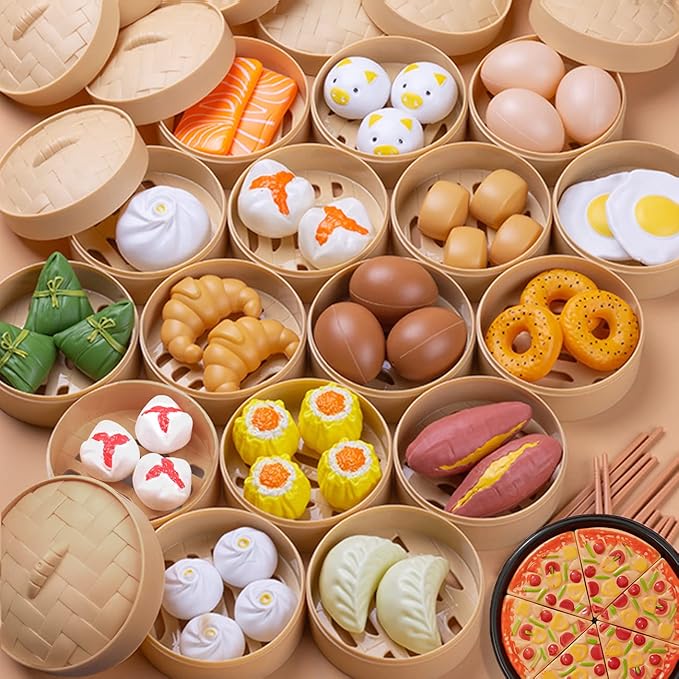 Pretend Play Toy Food Kitchen Set, Asia Dim Sum Set for Kids, Tea Time Toys Sweet Treats Suitable for Café , Birthday for Boys Girls