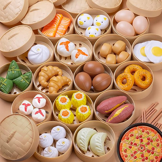 Pretend Play Toy Food Kitchen Set, Asia Dim Sum Set for Kids, Tea Time Toys Sweet Treats Suitable for Café , Birthday for Boys Girls