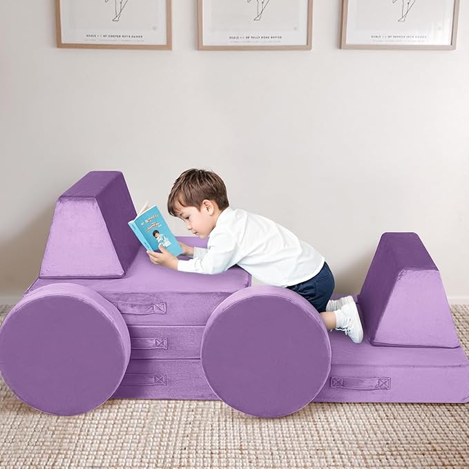 MeMoreCool Modular Kids Couch, Purple 8-Piece Convertible Foam Sofa Play Set for Toddlers and Playroom