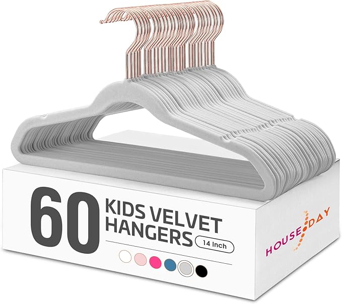 HOUSE DAY Velvet Kids Hangers 60 Pack, Premium Childrens Hangers for Closet, Ultra Thin Cute Hangers Kids Clothes Hanger, Non Slip Kids Felt Hangers 14 Inch, Small Hangers for Kids Clothes, Grey