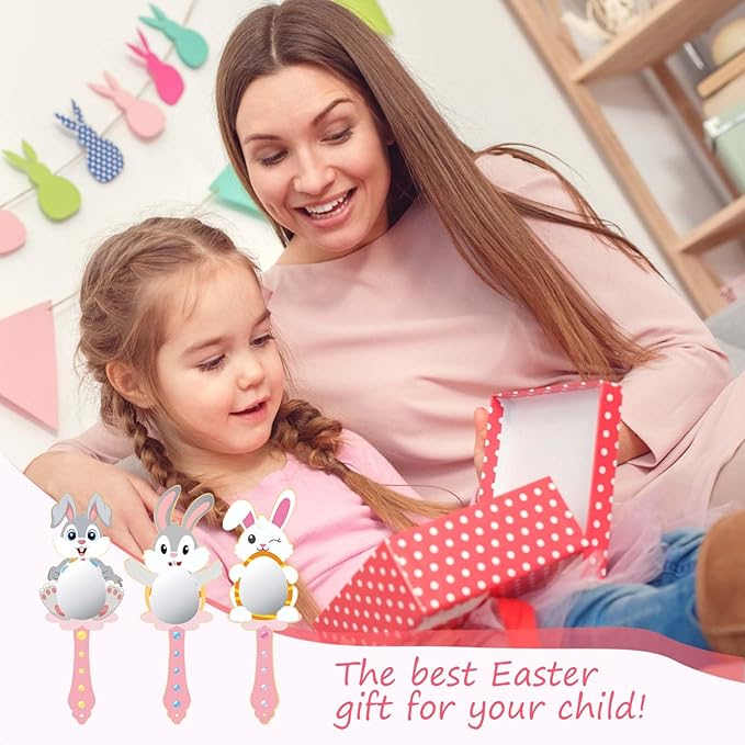 Fennoral 9 Pack Wooden Easter Bunny Craft for Kids Decorate You Own Bunny Mirrors for Girls DIY Paint Hand Mirror for Easter Art Activities Spring Easter Gifts