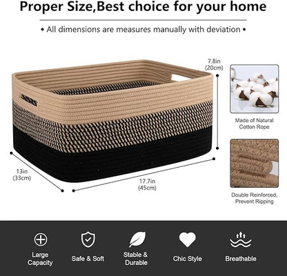 OIASKET Large Storage Basket for Organizing, Woven Rope Basket for Shelves, Closet Organizer Bins for Clothes, Blanket, Toys, Baby Nursery Storage, 17.7" x 13" x 7.87", 2 Packs Black & Brown