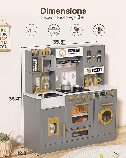 BIERUM Wooden Play Kitchen for Kids Ages 3-8 with Lights & Sounds, Pretend Play Kitchen Set with Stove, Ice Maker, Coffee Maker, Oven & Accessories, Toddler Kitchen Playset for Boys and Girls (Gray)
