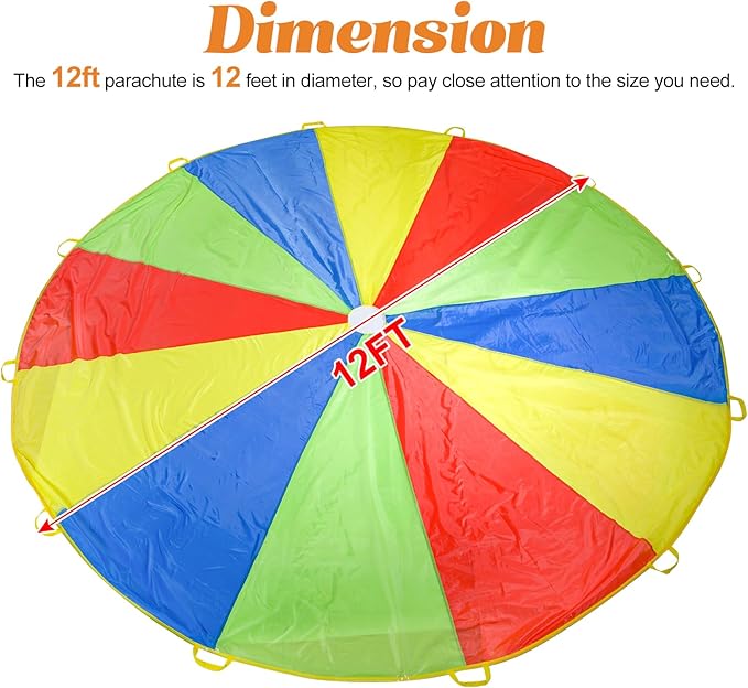 Sonyabecca Parachute, Play Parachute 10ft 12ft 16ft with 12 Handles 20ft 24ft with 16 Handles for Kids Cooperation Group Play