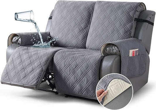 TAOCOCO 100% Waterproof Loveseat Recliner Cover, Non Slip Split Loveseat Covers for Reclining Loveseat with Elastic Straps, Washable Recliner Chair/Furniture Protector for Kids Pets(2 Seater, Gray)