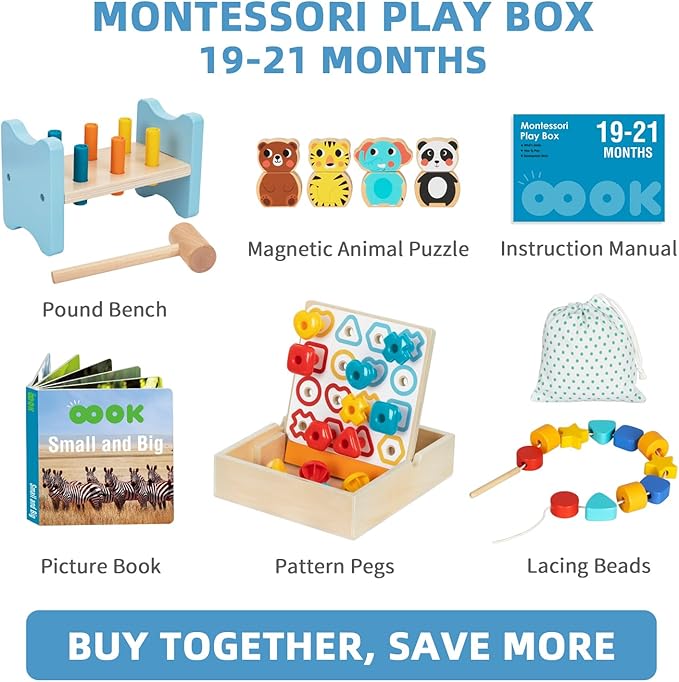 Montessori Educational Toys for 18 + Months, 6 in 1 Learning Toys Set for Toddlers Wooden Toy Present (Pattern Pegs, Pound Bench, Lacing Beads, Magnetic Animal Puzzle, Picture Book)