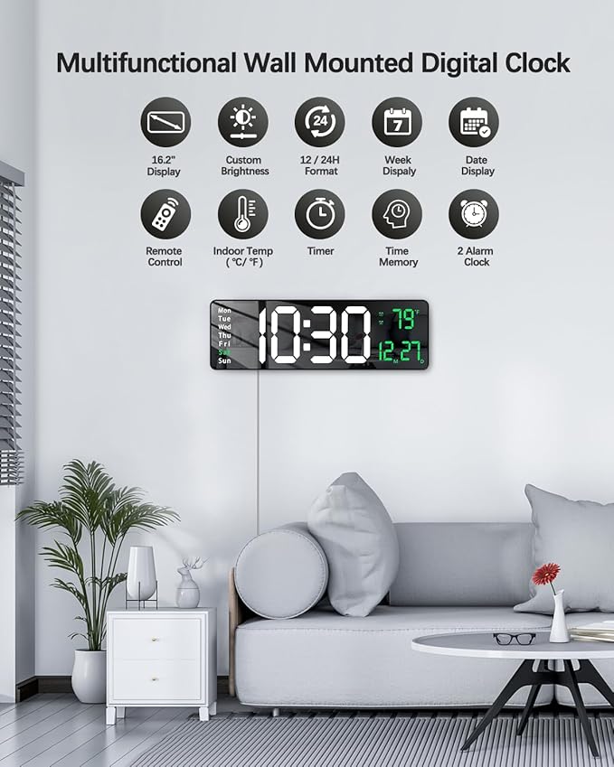 JoFomp Modern 16" Large Digital Wall Clock with Remote Control, LED Display, Auto-Dimming, Countdown, Temperature, Calendar - 12/24Hr Format - Silent Wall Clock for Home, Office, or Gym Use (Green)