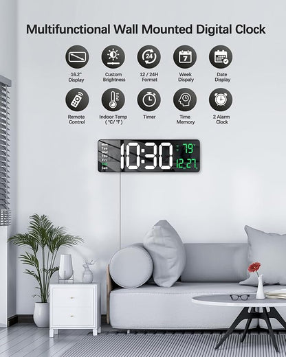 JoFomp Modern 16" Large Digital Wall Clock with Remote Control, LED Display, Auto-Dimming, Countdown, Temperature, Calendar - 12/24Hr Format - Silent Wall Clock for Home, Office, or Gym Use (Green)