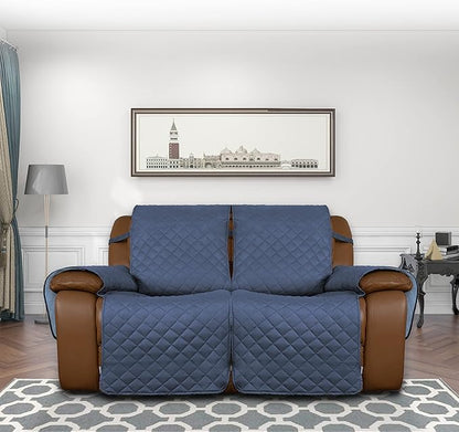 Easy-Going Recliner Sofa Cover, Reversible Couch Cover for Double Recliner, Split Sofa Cover for Each Seat, Furniture Protector with Elastic Strap for Kids, Dogs, Pets(2 Seater, Dark Blue/Light Blue)