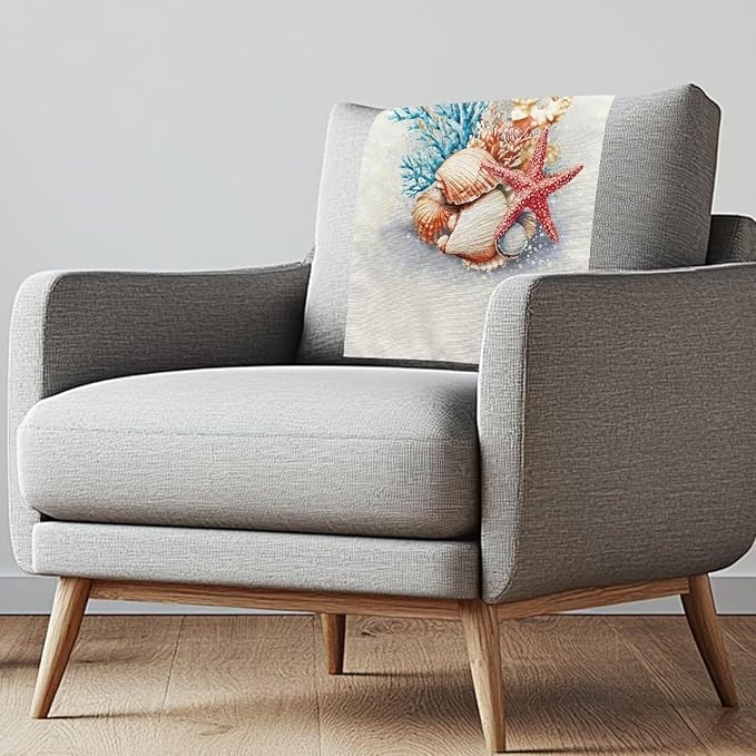 Starfish Recliner Headrest Protector Sea Shells Washable Sofa Headrest Cover Breathable Couch Headrest Covers for Home Office with 10 Twist Pins Set of 2