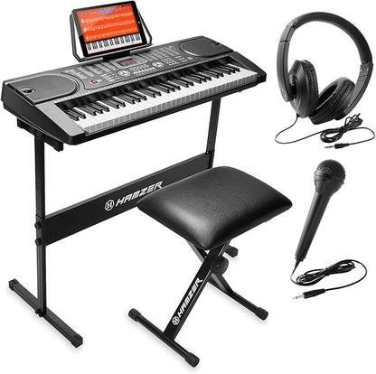 Hamzer 61 Key Digital Keyboard Piano with Stand & Bench, Beginner Electric Piano Keyboard Kit with Speakers, Headphones, Microphone, Keynote Stickers
